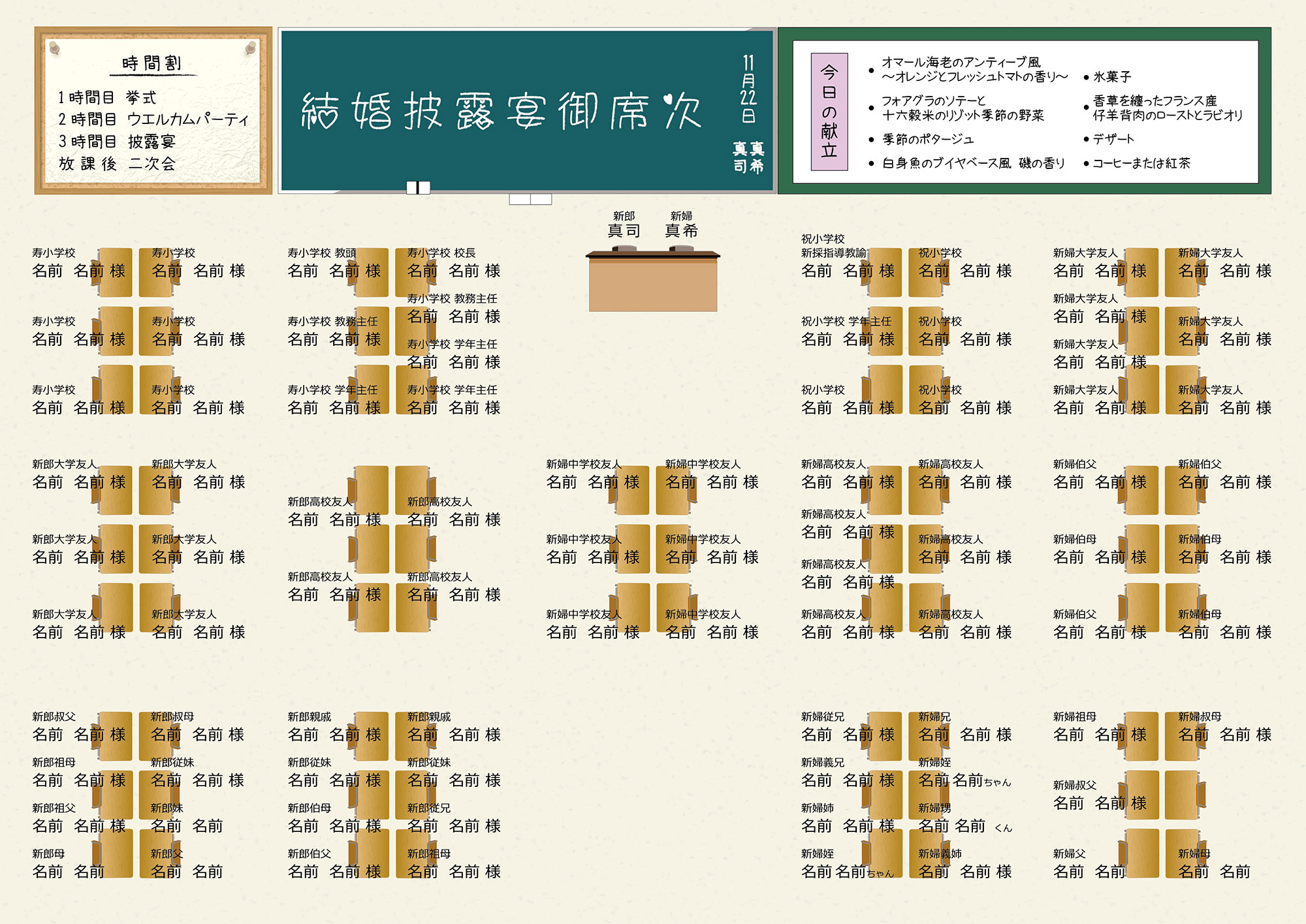 通知表風結婚式席次表（内面）